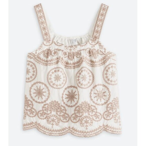 Embroidered Boho Eyelet Tank Top – Size PXL – Ivory & Taupe – 100% Cotton - Picture 2 of 10